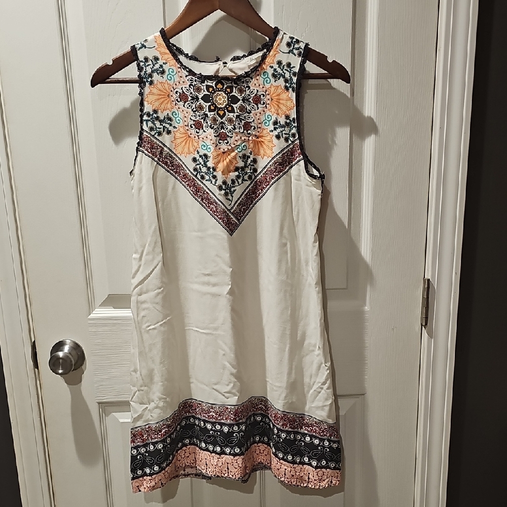 Embroidered Sleeveless Dress - Cream and Orange